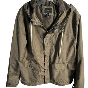 Forever 21 Jacket Men's Size XL Windbreaker Hooded Olive Green Zip Front Jacket